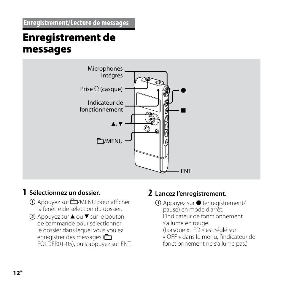 Enregistrement/lecture de messages, Enregistrement de messages, Enregistrement/lecture de | Messages | Sony ICD-UX81F User Manual | Page 42 / 122