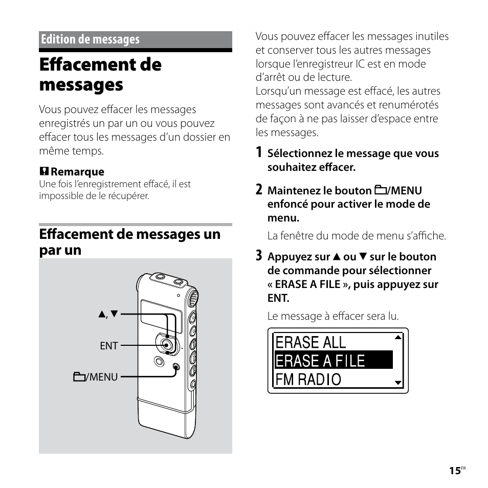 Edition de messages, Effacement de messages, Effacement de messages un par un | Sony ICD-UX81F User Manual | Page 45 / 122