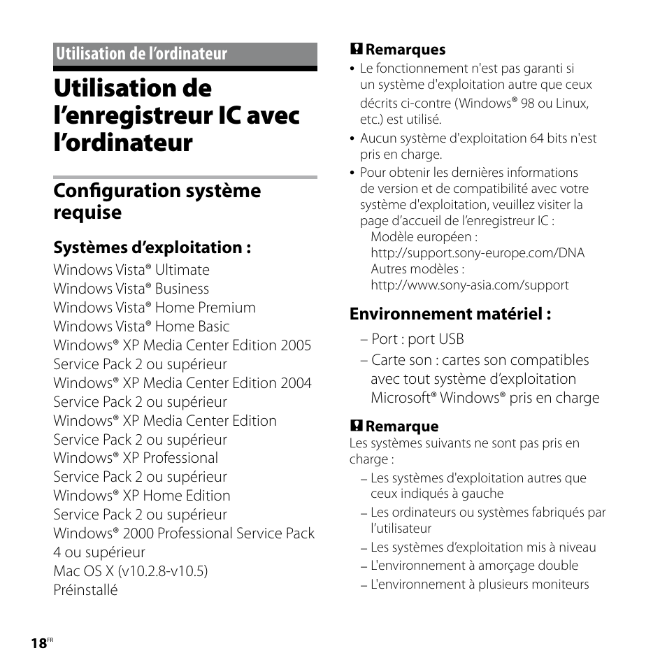 Utilisation de l’ordinateur, Utilisation de l’enregistreur ic avec l’ordinateur, Utilisation de l’enregistreur ic avec | L’ordinateur, Configuration système requise, Systèmes d’exploitation, Environnement matériel | Sony ICD-UX81F User Manual | Page 48 / 122