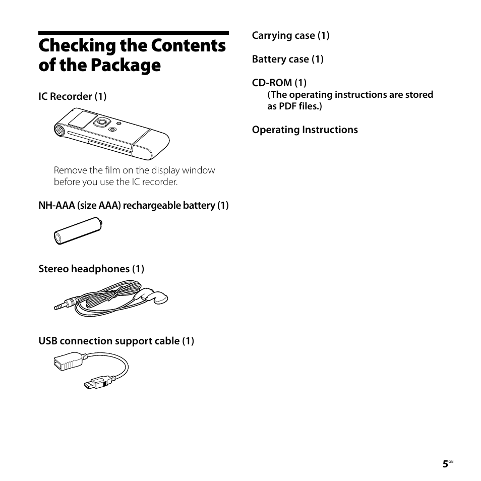 Checking the contents of the package, Checking the contents of, The package | Sony ICD-UX81F User Manual | Page 5 / 122