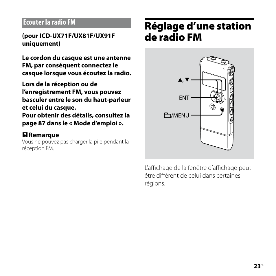 Ecouter la radio fm, Réglage d’une station de radio fm | Sony ICD-UX81F User Manual | Page 53 / 122