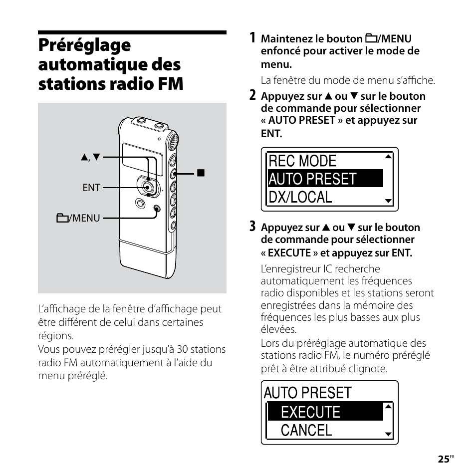 Préréglage automatique des stations radio fm, Préréglage automatique des stations, Radio fm | Sony ICD-UX81F User Manual | Page 55 / 122