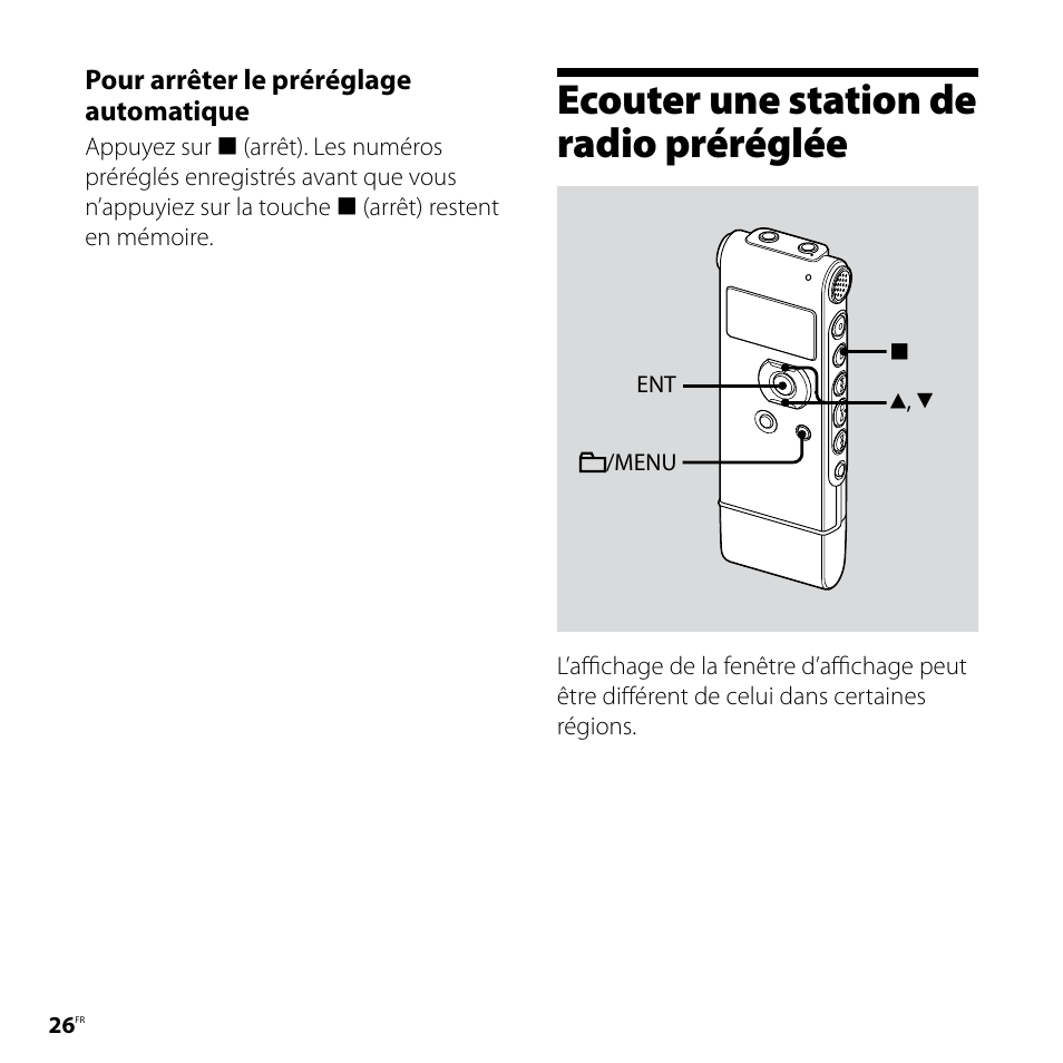 Ecouter une station de radio préréglée, Ecouter une station de radio, Préréglée | Sony ICD-UX81F User Manual | Page 56 / 122