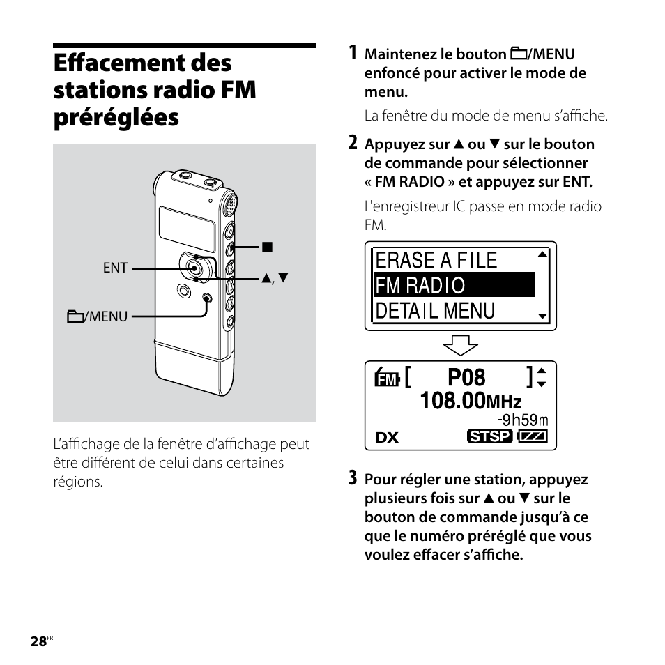 Effacement des stations radio fm préréglées, Effacement des stations radio fm, Préréglées | Sony ICD-UX81F User Manual | Page 58 / 122