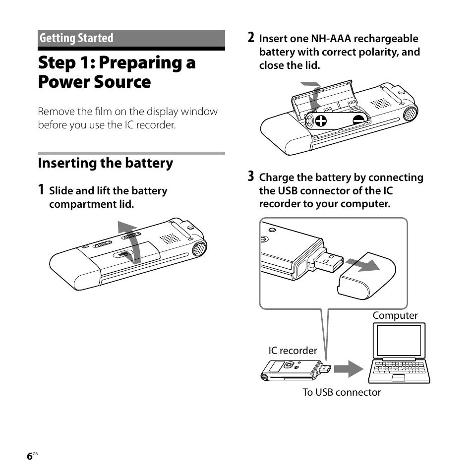 Getting started, Step 1: preparing a power source, Inserting the battery | Sony ICD-UX81F User Manual | Page 6 / 122