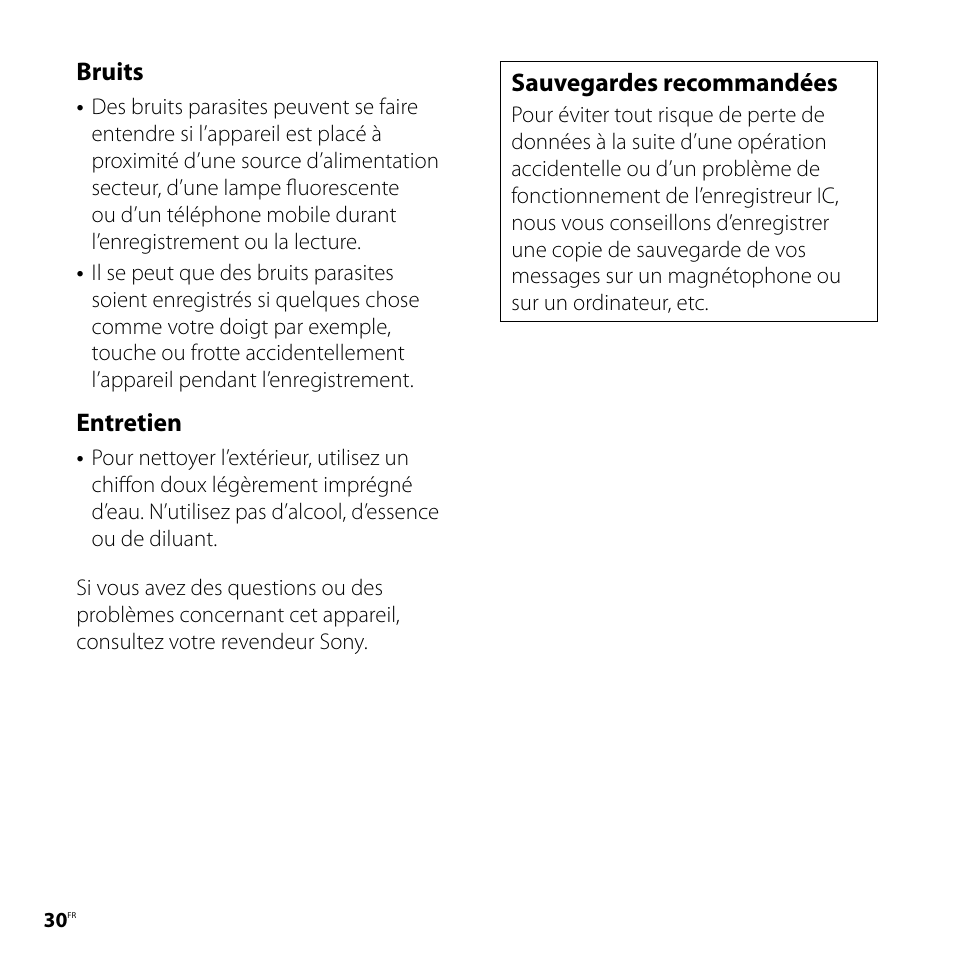 Bruits, Entretien, Sauvegardes recommandées | Sony ICD-UX81F User Manual | Page 60 / 122