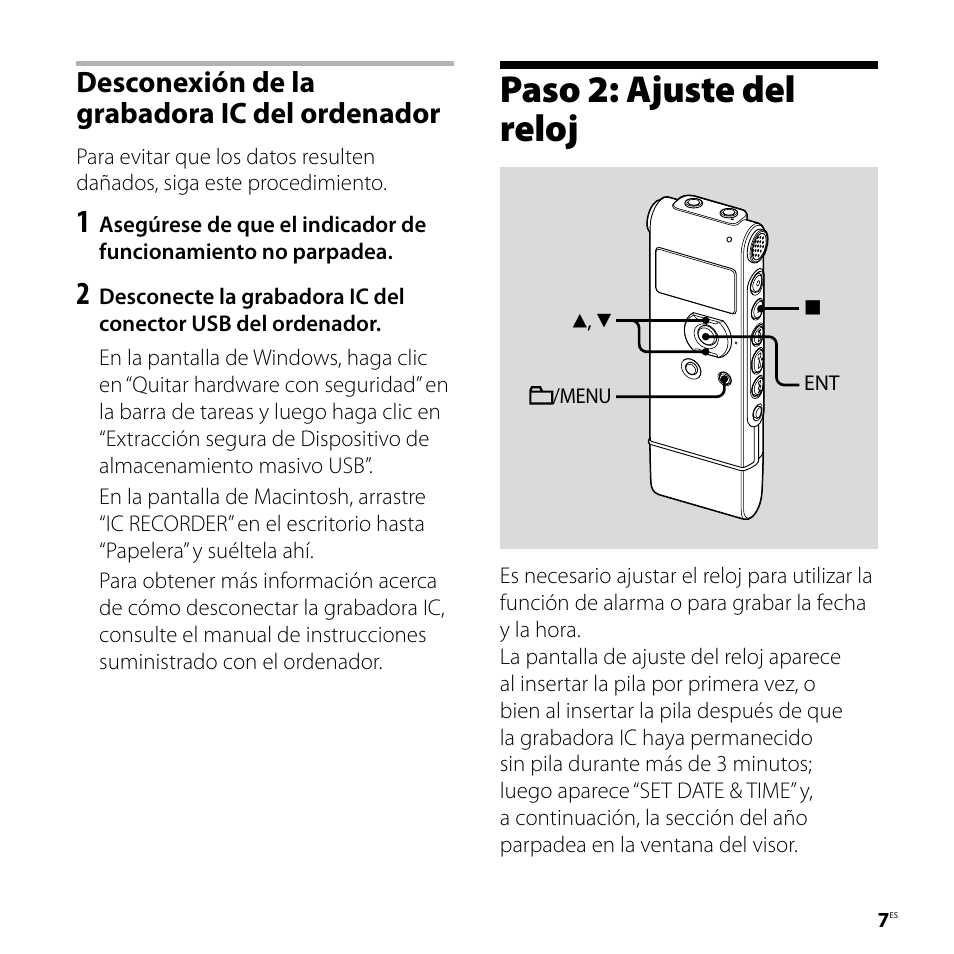 Paso 2: ajuste del reloj, Desconexión de la grabadora ic del ordenador | Sony ICD-UX81F User Manual | Page 67 / 122