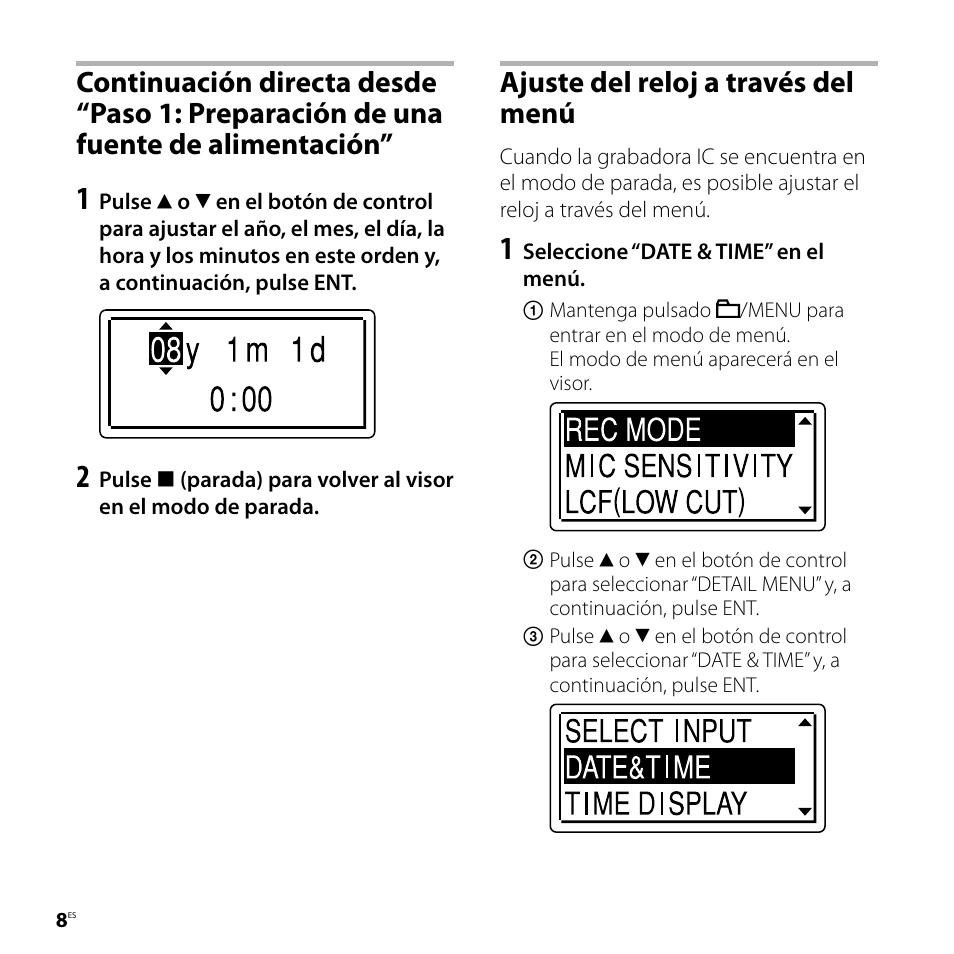 Ajuste del reloj a través del menú | Sony ICD-UX81F User Manual | Page 68 / 122