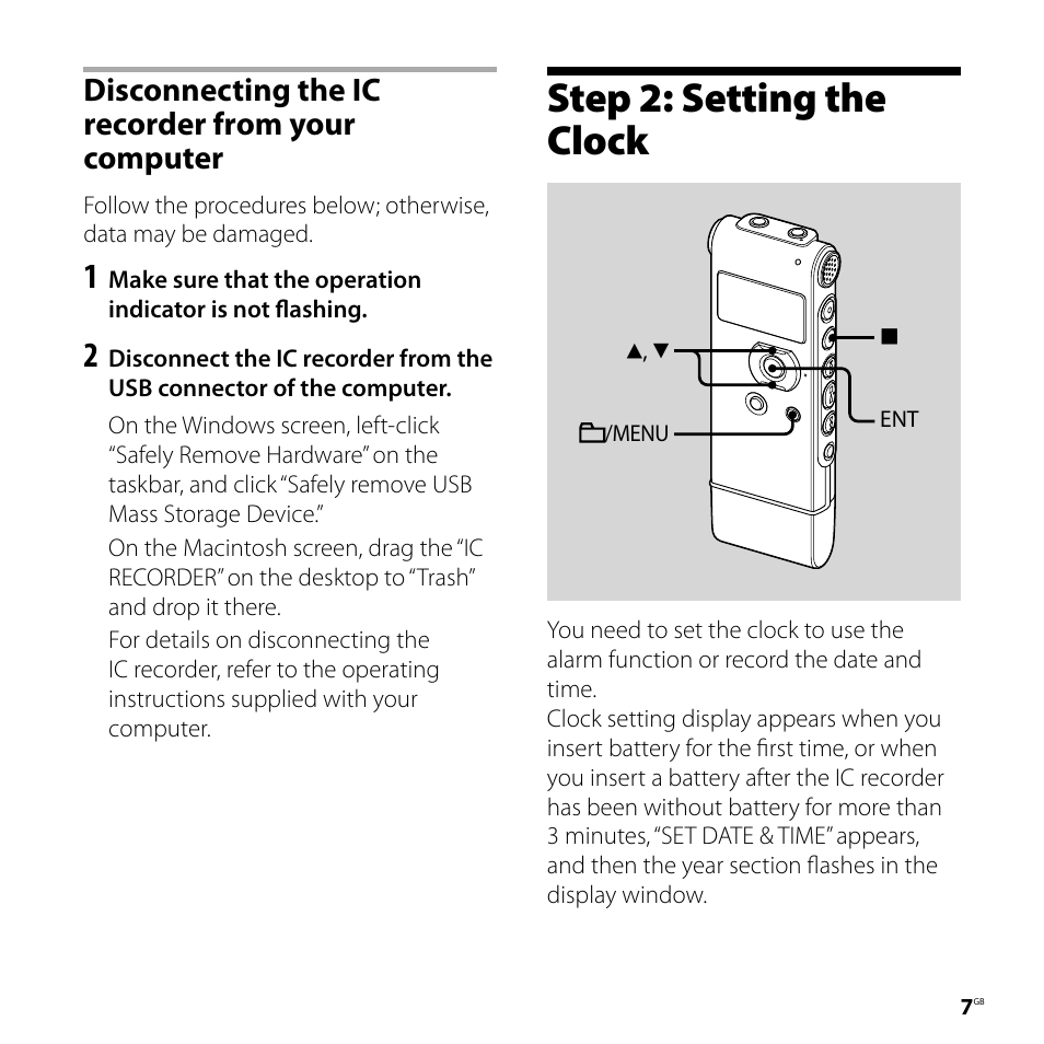 Step 2: setting the clock, Disconnecting the ic recorder from your computer | Sony ICD-UX81F User Manual | Page 7 / 122