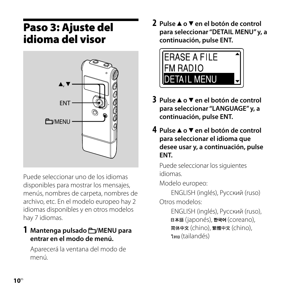 Paso 3: ajuste del idioma del visor | Sony ICD-UX81F User Manual | Page 70 / 122