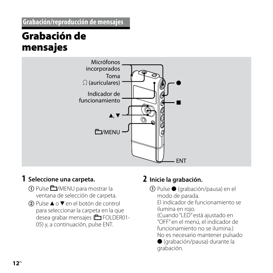 Grabación/reproducción de mensajes, Grabación de mensajes, Grabación/reproducción de | Mensajes | Sony ICD-UX81F User Manual | Page 72 / 122