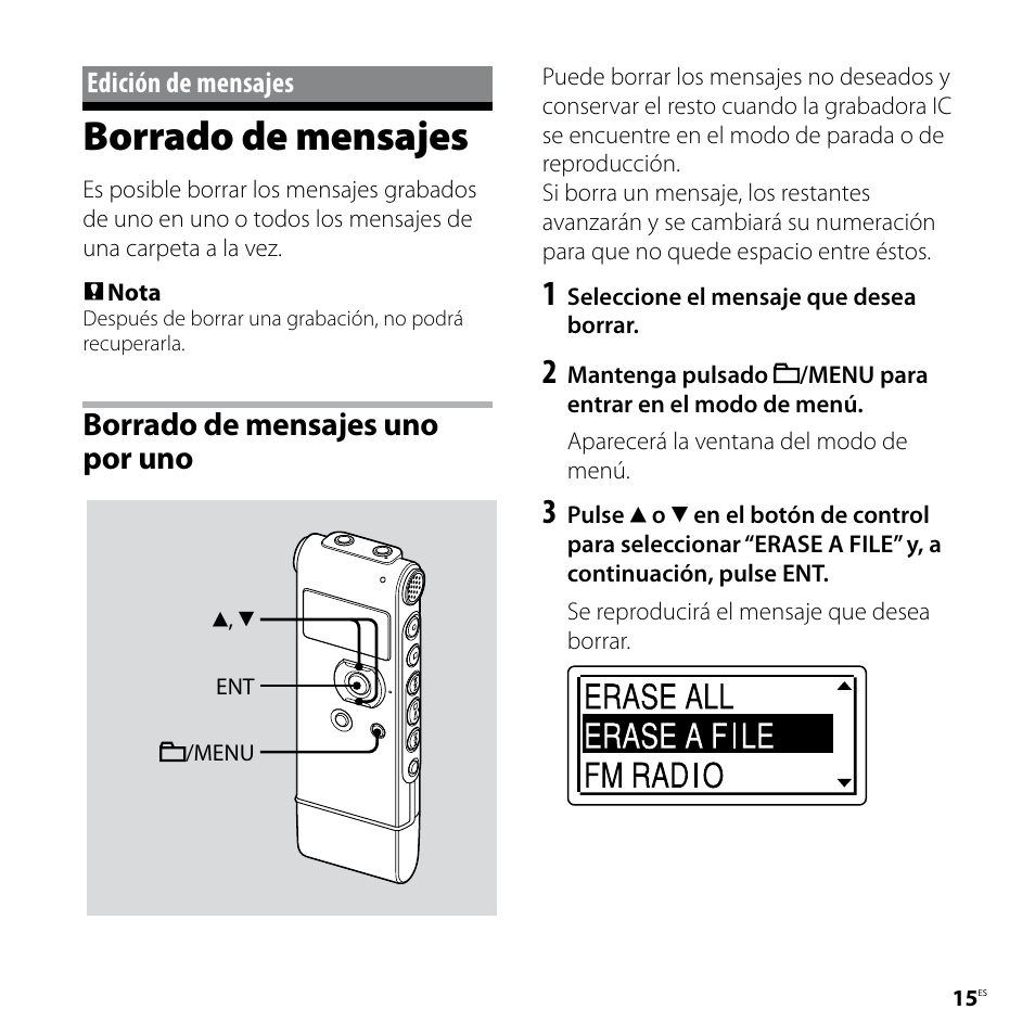 Edición de mensajes, Borrado de mensajes, Borrado de mensajes uno por uno | Sony ICD-UX81F User Manual | Page 75 / 122