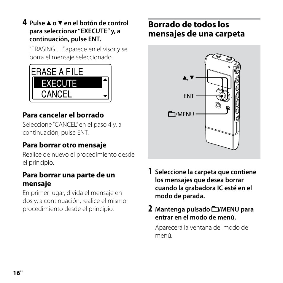 Borrado de todos los mensajes de una carpeta | Sony ICD-UX81F User Manual | Page 76 / 122