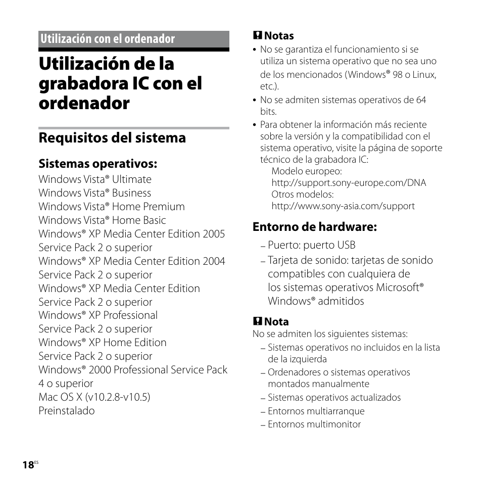 Utilización con el ordenador, Utilización de la grabadora ic con el ordenador, Utilización de la grabadora ic con el | Ordenador, Requisitos del sistema, Sistemas operativos, Entorno de hardware | Sony ICD-UX81F User Manual | Page 78 / 122