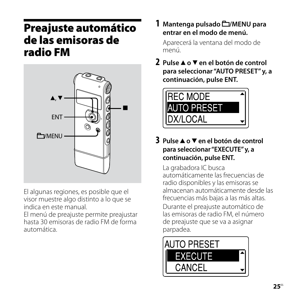 Preajuste automático de las emisoras de radio fm, Preajuste automático de las emisoras, De radio fm | Sony ICD-UX81F User Manual | Page 85 / 122