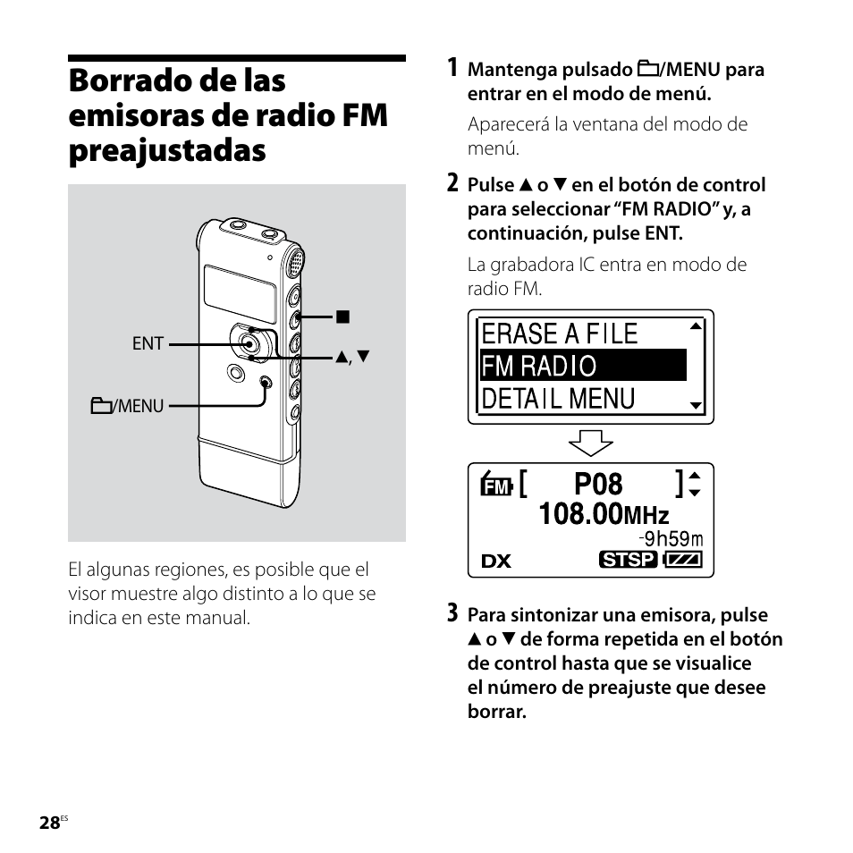 Borrado de las emisoras de radio fm preajustadas, Borrado de las emisoras de radio fm, Preajustadas | Sony ICD-UX81F User Manual | Page 88 / 122