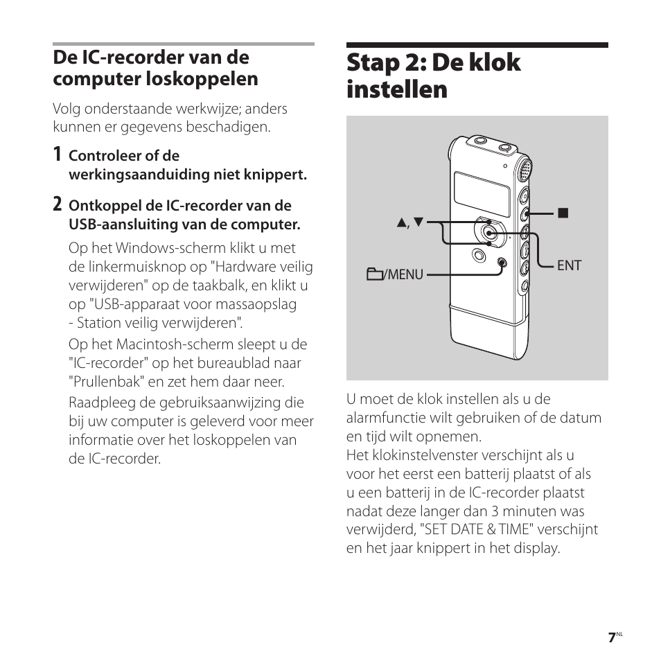 Stap 2: de klok instellen, De ic-recorder van de computer loskoppelen | Sony ICD-UX81F User Manual | Page 97 / 122