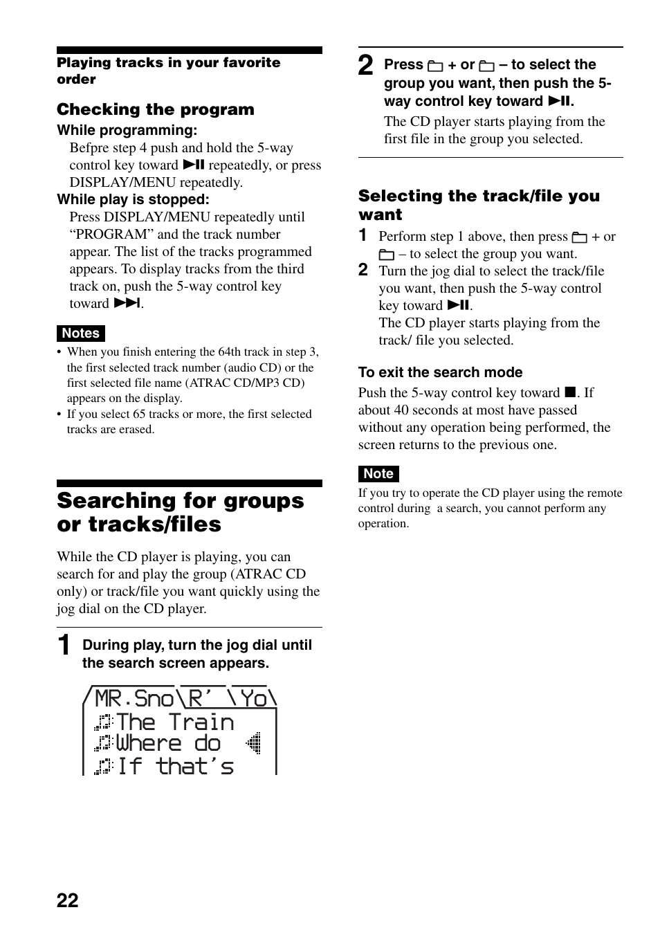 Searching for groups or tracks/files, Mr.sno yo r' the train where do if that's | Sony D-NF600 User Manual | Page 22 / 44