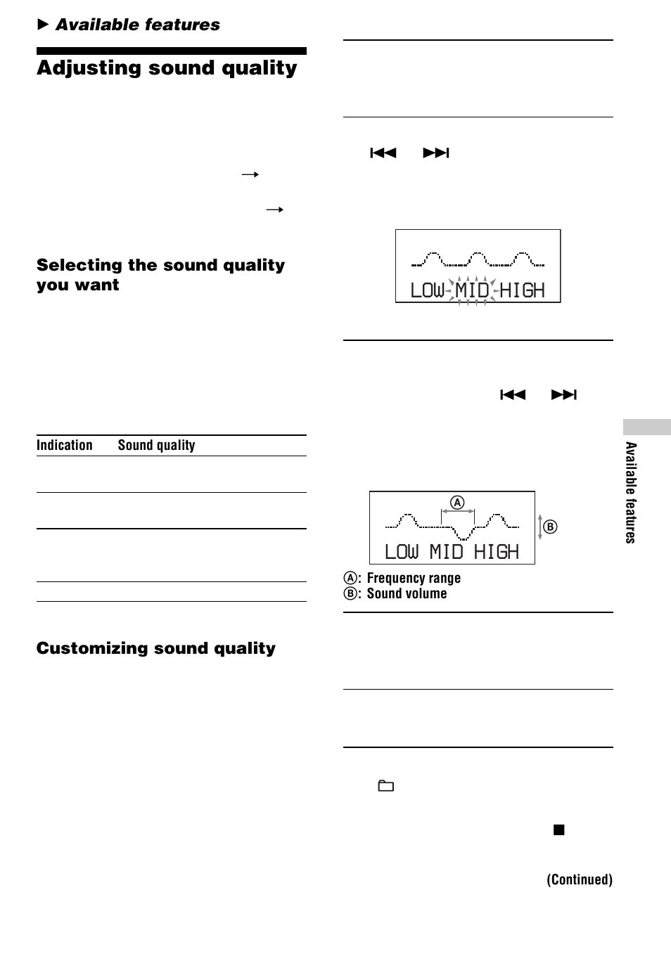 Available features, Adjusting sound quality (parametric equalizer), Low mid high | Adjusting sound quality | Sony D-NF600 User Manual | Page 23 / 44