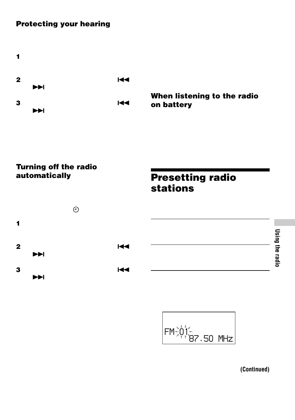 Presetting radio stations, 50 mhz fm 01 | Sony D-NF600 User Manual | Page 29 / 44