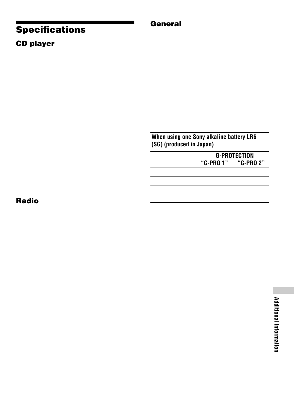 Specifications, Cd player, Radio | General | Sony D-NF600 User Manual | Page 41 / 44