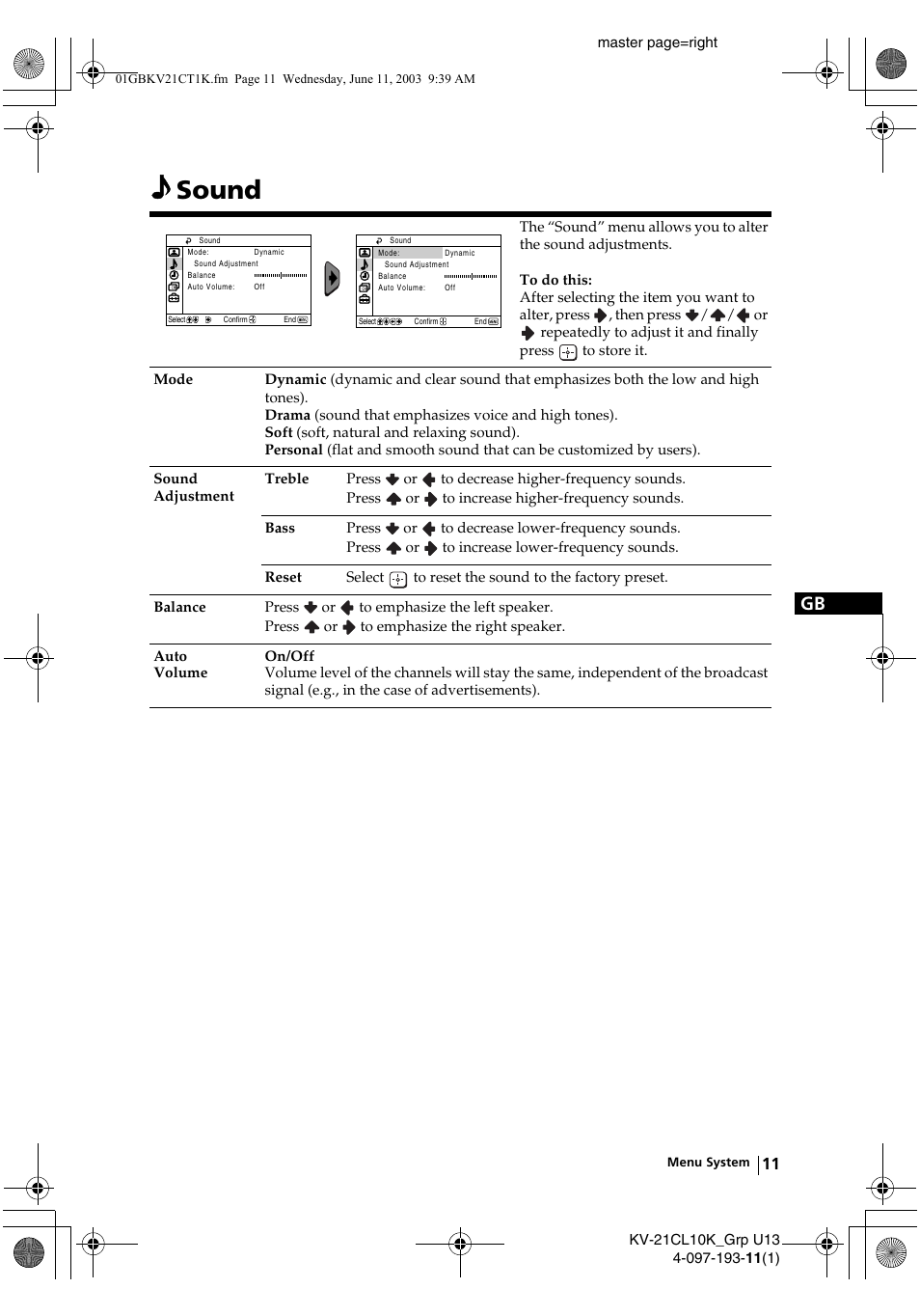 Sound | Sony KV-21CL10K User Manual | Page 11 / 128