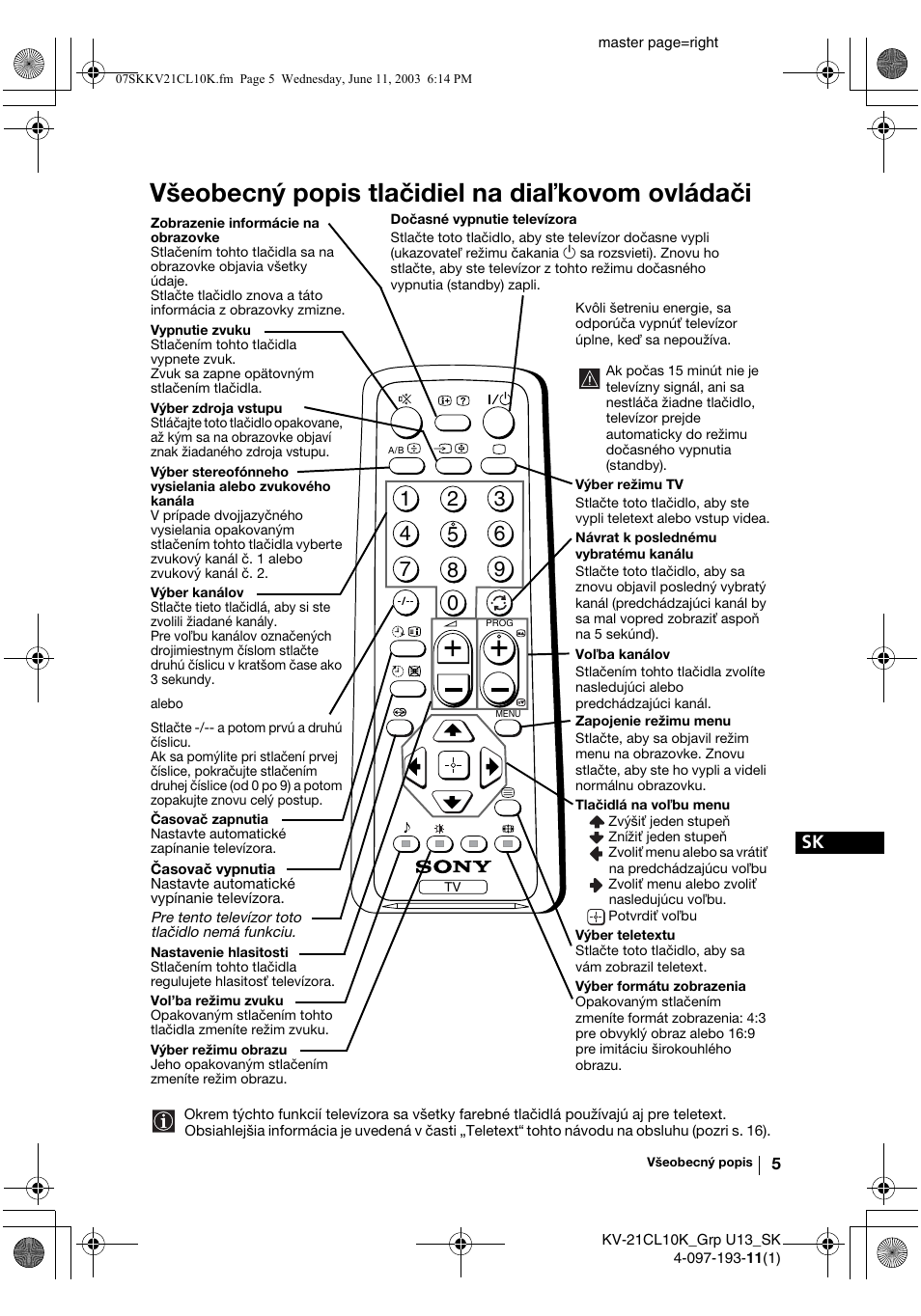 Všeobecný popis tlačidiel na dia kovom ovládači | Sony KV-21CL10K User Manual | Page 113 / 128