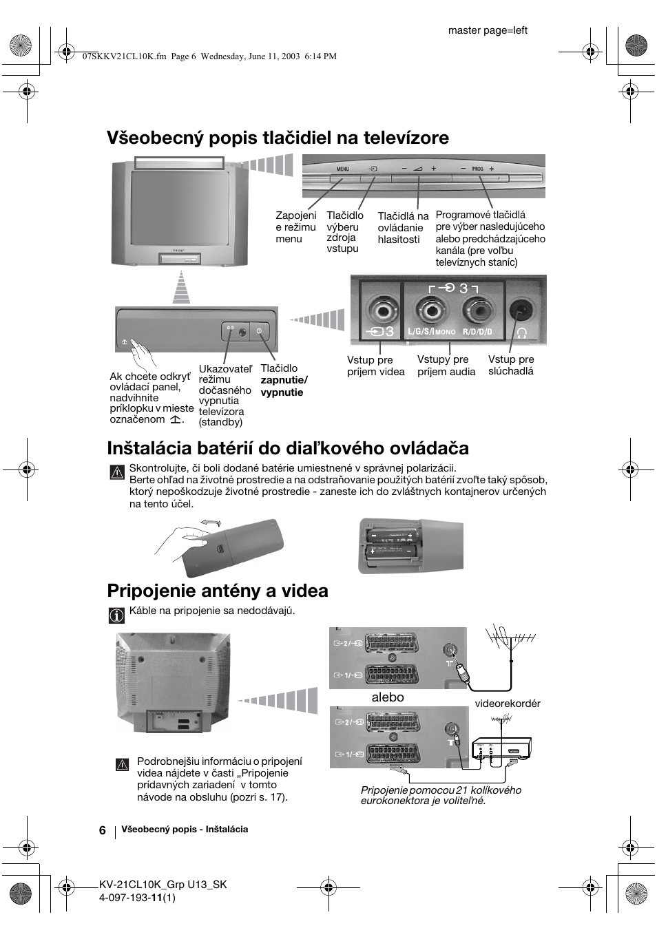 Pripojenie antény a videa, Alebo | Sony KV-21CL10K User Manual | Page 114 / 128