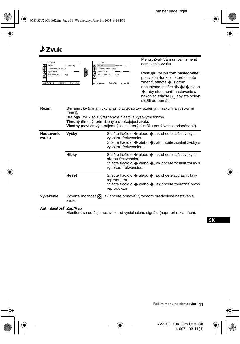 Zvuk | Sony KV-21CL10K User Manual | Page 119 / 128