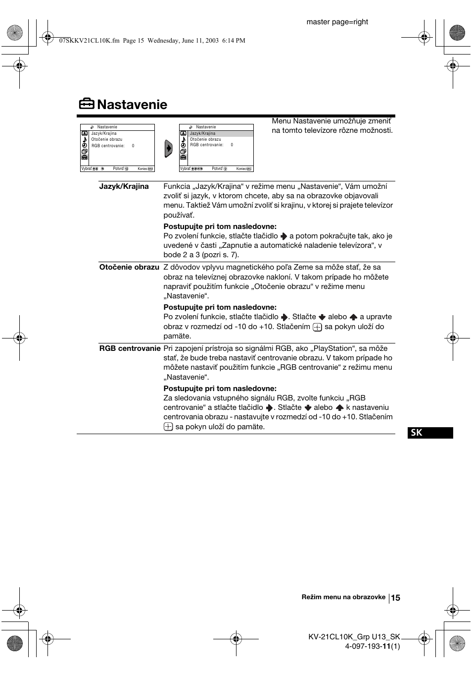 Nastavenie | Sony KV-21CL10K User Manual | Page 123 / 128