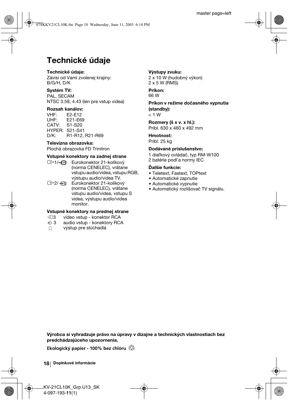 Technické údaje | Sony KV-21CL10K User Manual | Page 126 / 128