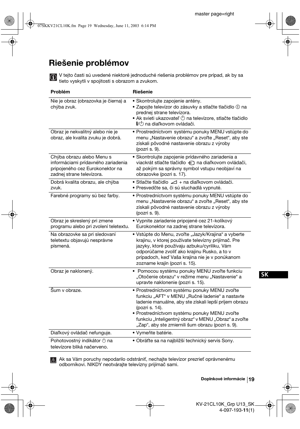 Riešenie problémov | Sony KV-21CL10K User Manual | Page 127 / 128