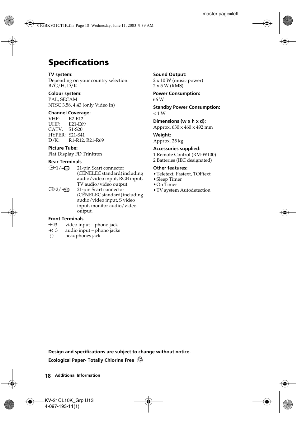 Specifications | Sony KV-21CL10K User Manual | Page 18 / 128