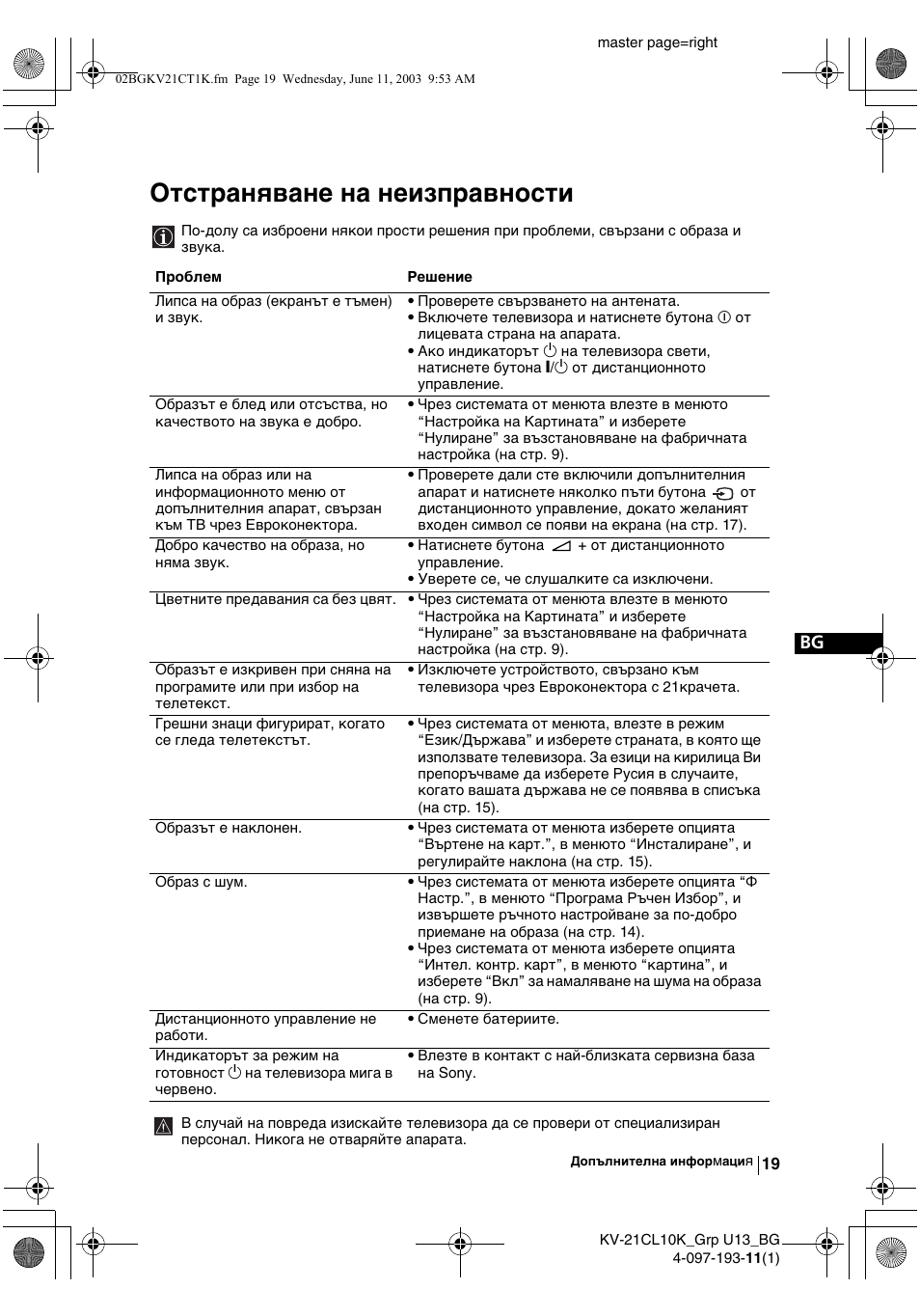 Отстраняване на неизправности | Sony KV-21CL10K User Manual | Page 37 / 128
