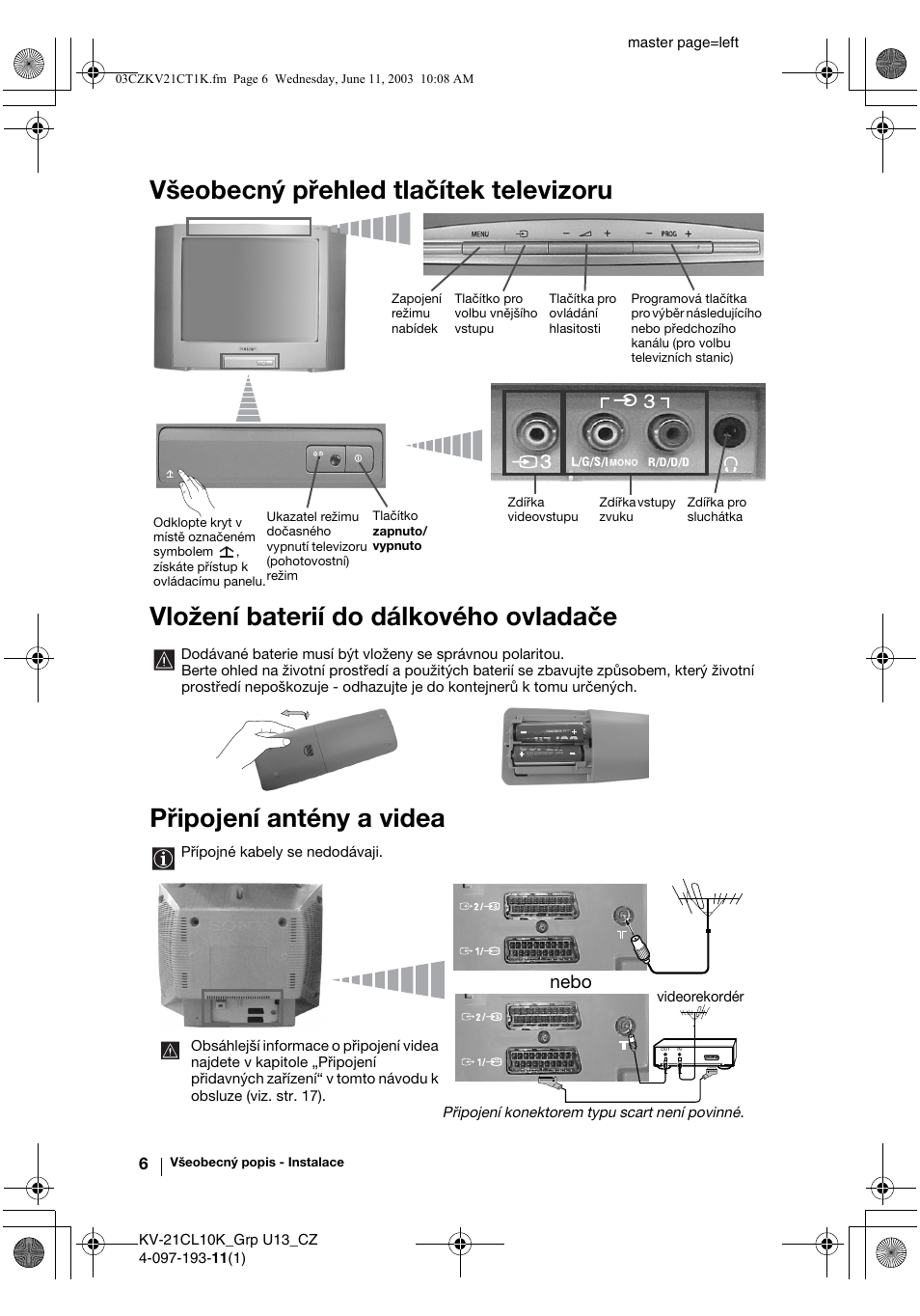 Připojení antény a videa, Nebo | Sony KV-21CL10K User Manual | Page 42 / 128