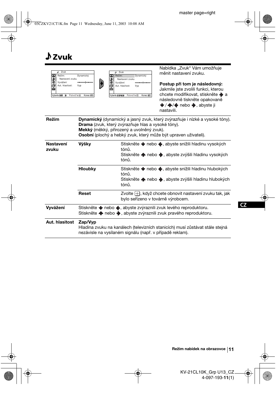 Zvuk | Sony KV-21CL10K User Manual | Page 47 / 128