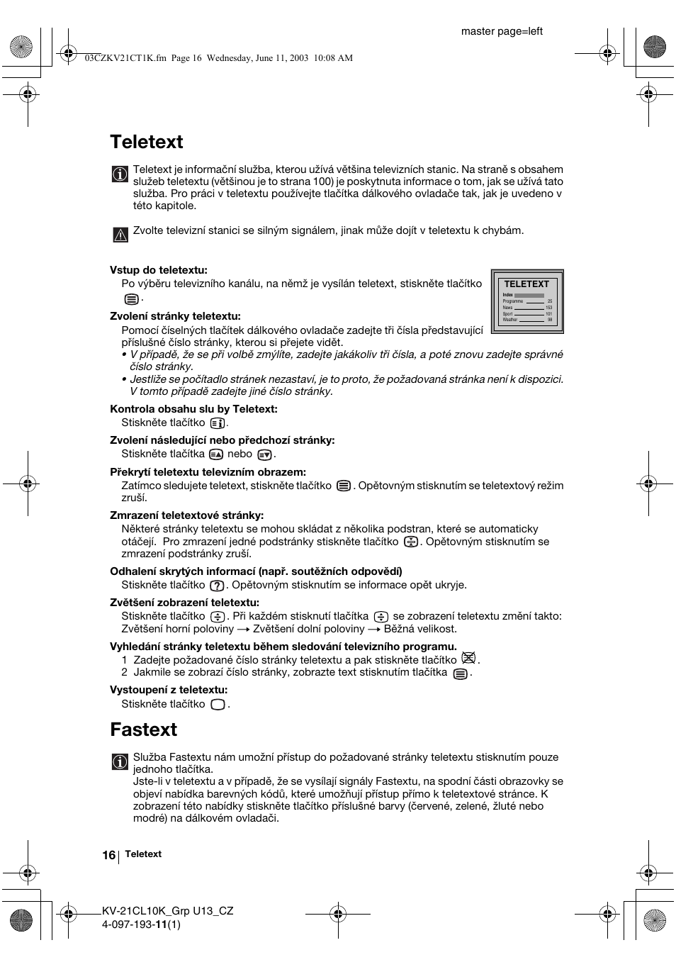 Teletext, Fastext | Sony KV-21CL10K User Manual | Page 52 / 128