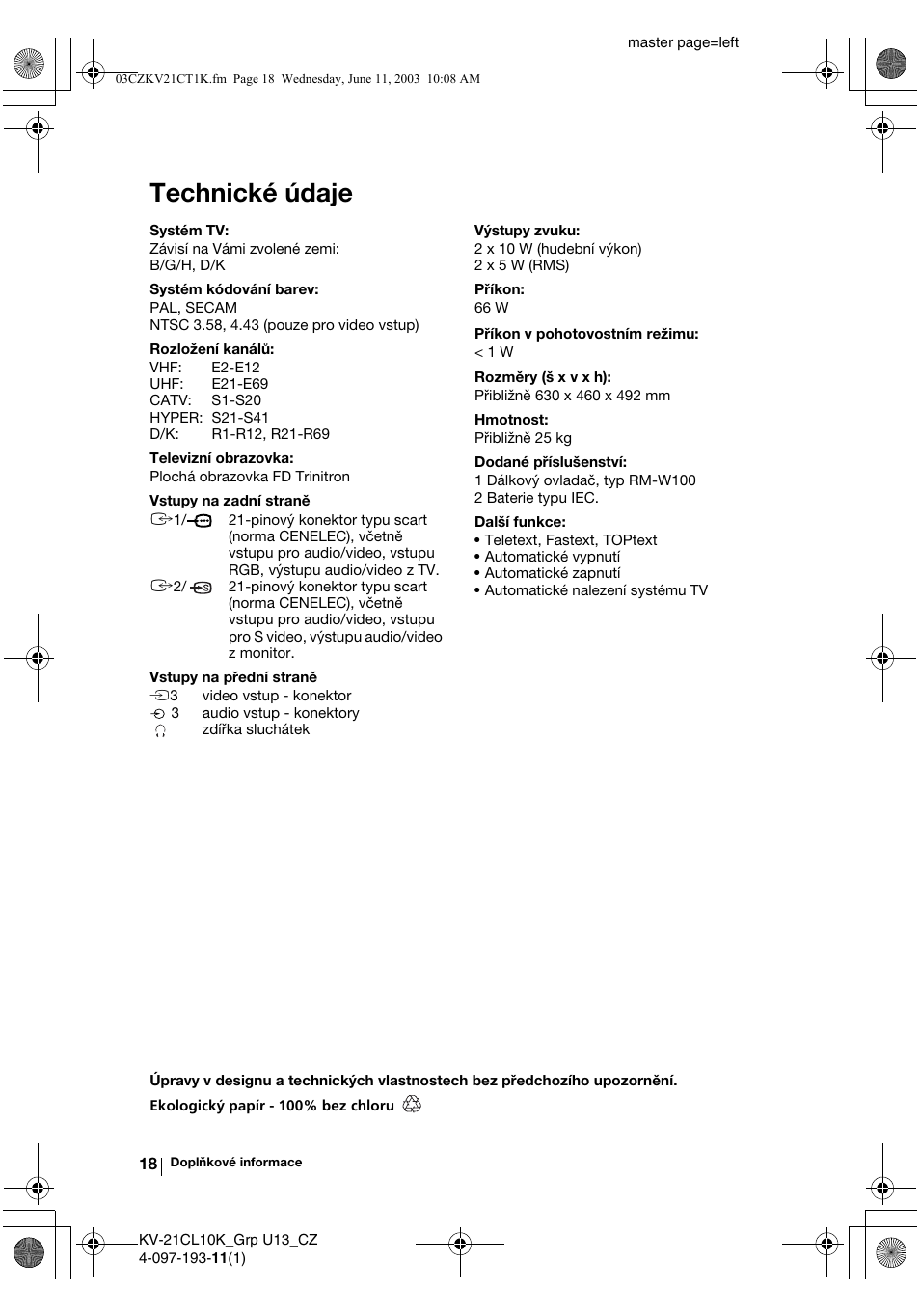 Technické údaje | Sony KV-21CL10K User Manual | Page 54 / 128