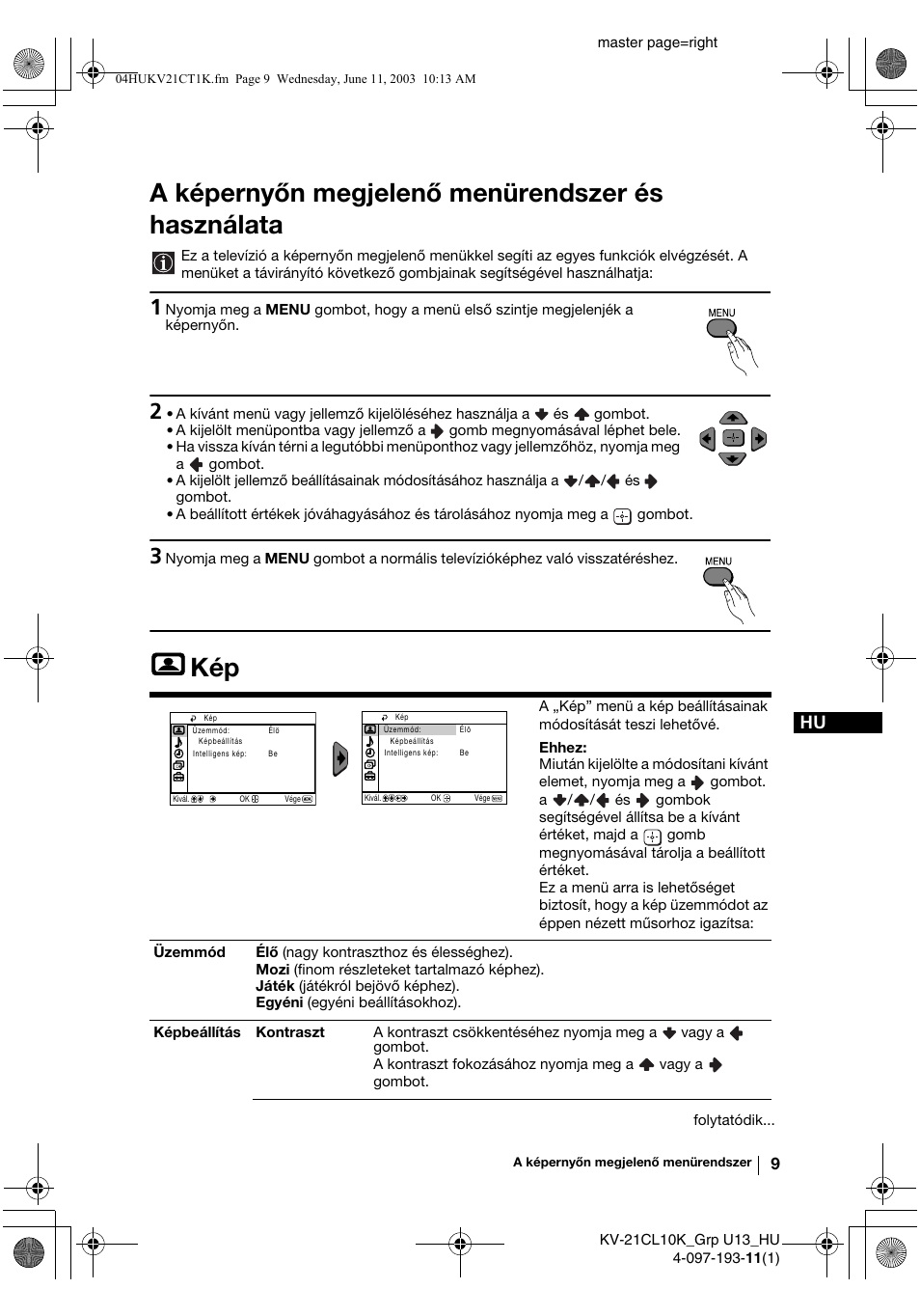 A képernyőn megjelenő menürendszer és használata | Sony KV-21CL10K User Manual | Page 63 / 128