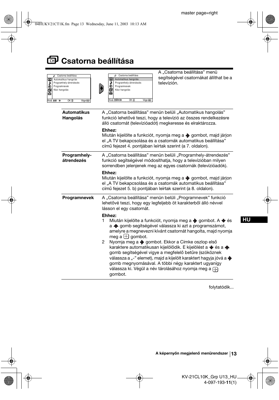 Csatorna beállítása | Sony KV-21CL10K User Manual | Page 67 / 128