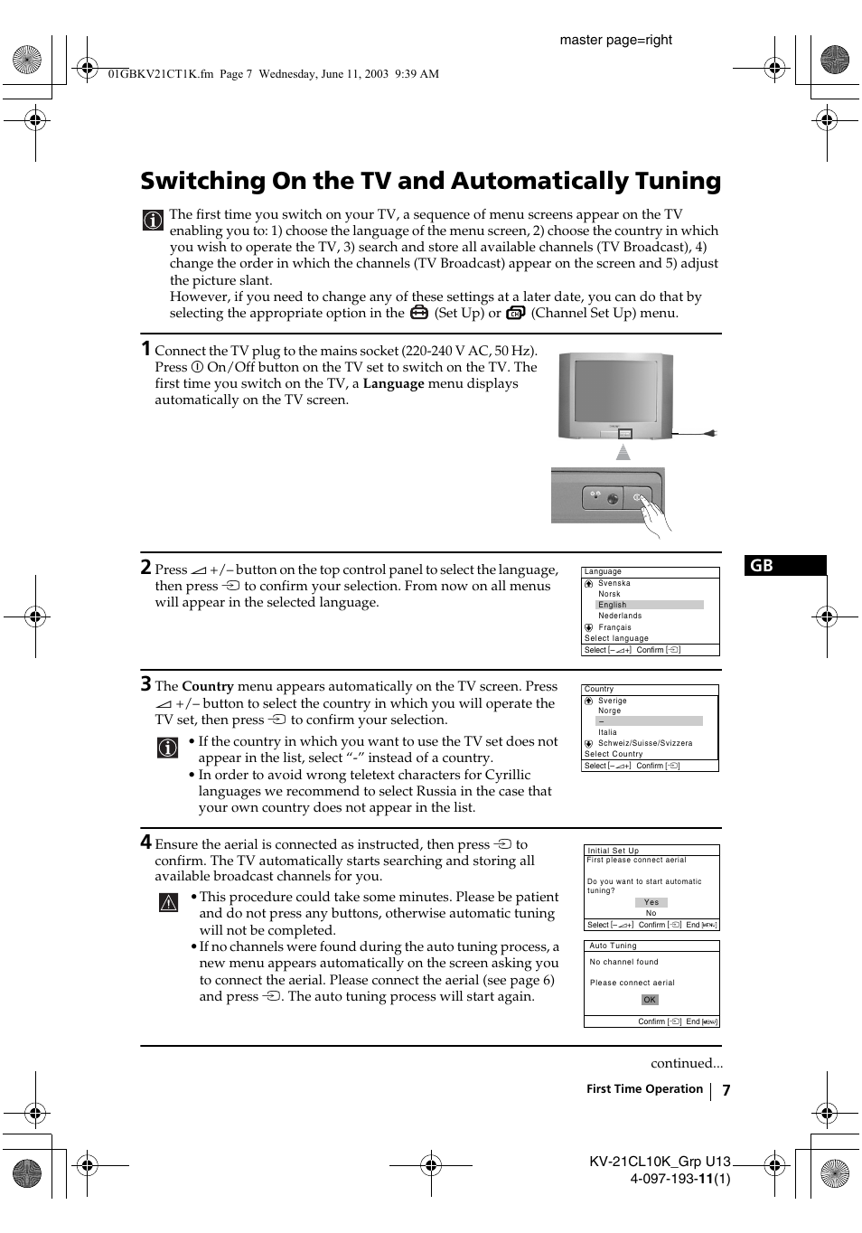 Switching on the tv and automatically tuning | Sony KV-21CL10K User Manual | Page 7 / 128