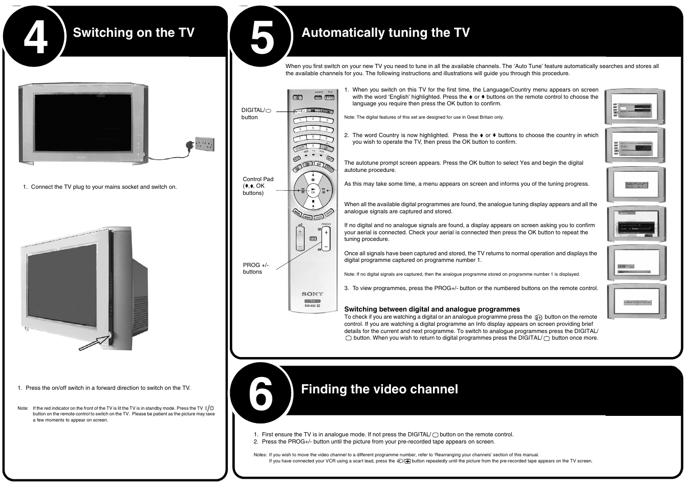 Switching on the tv, Automatically tuning the tv, Finding the video channel | Sony KD-32NX100U User Manual | Page 2 / 2