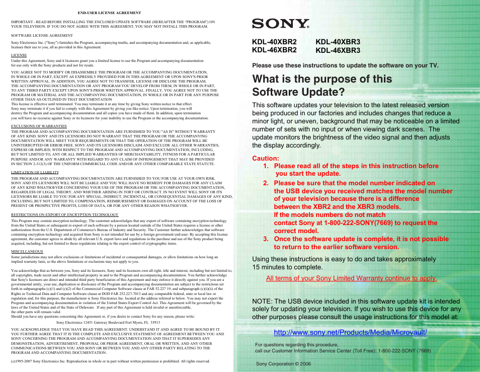 Sony KDL-46XBR2 User Manual | 2 pages