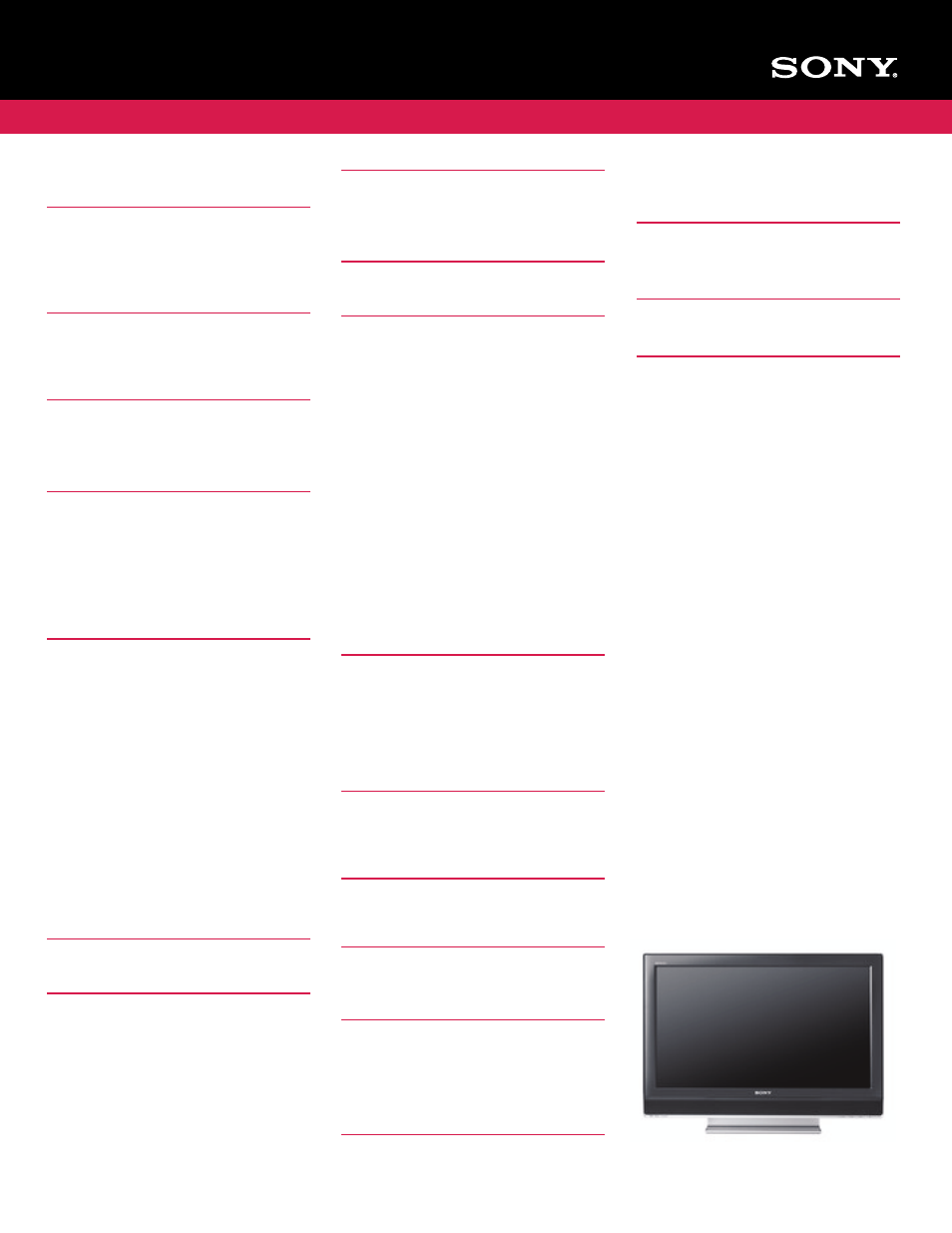 Features, Specifications, General | Display, Video, Audio, Convenience, Tv system, Inputs and outputs, Power | Sony BRAVIA KDL-32M3000 User Manual | Page 2 / 2