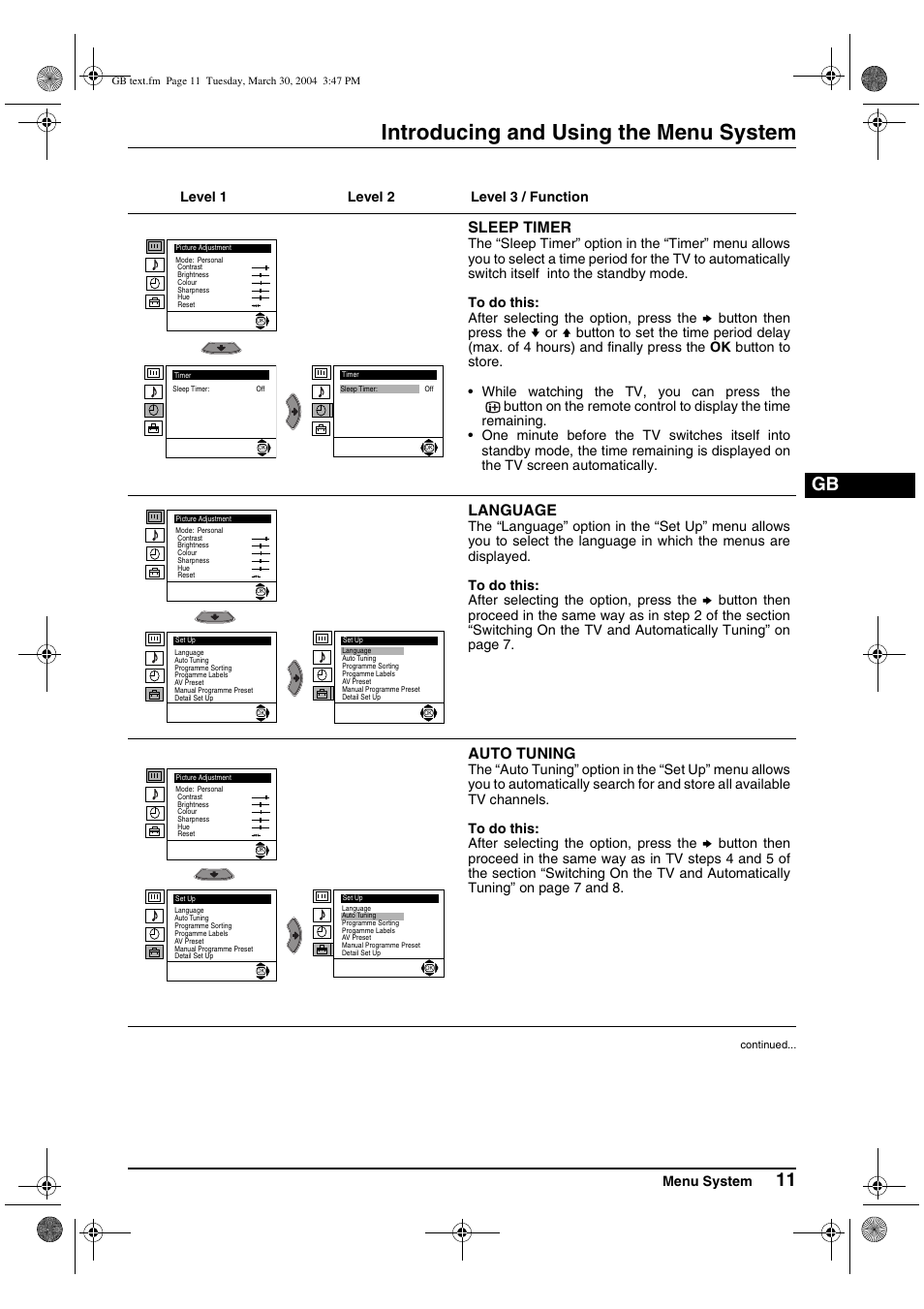 Introducing and using the menu system, Sleep timer, Language | Auto tuning | Sony FD Trinitron KV-28CS70U User Manual | Page 11 / 24