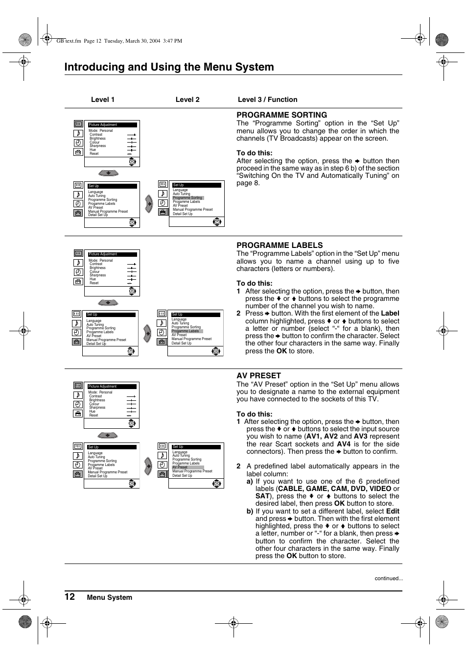 Introducing and using the menu system | Sony FD Trinitron KV-28CS70U User Manual | Page 12 / 24