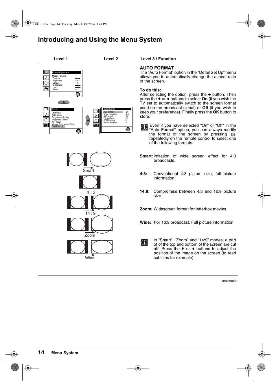 Introducing and using the menu system | Sony FD Trinitron KV-28CS70U User Manual | Page 14 / 24