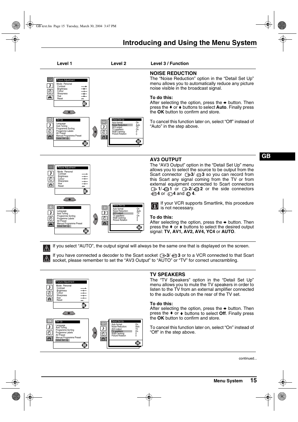 Introducing and using the menu system, Noise reduction, Av3 output | Tv speakers | Sony FD Trinitron KV-28CS70U User Manual | Page 15 / 24