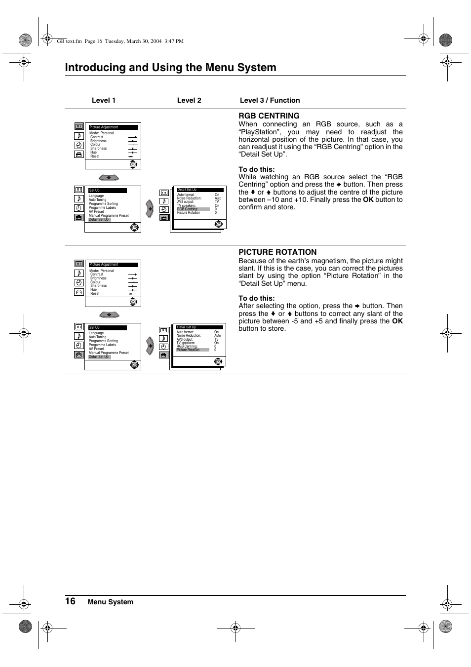 Introducing and using the menu system, Rgb centring, Picture rotation | Menu system, Level 1 level 2 level 3 / function | Sony FD Trinitron KV-28CS70U User Manual | Page 16 / 24