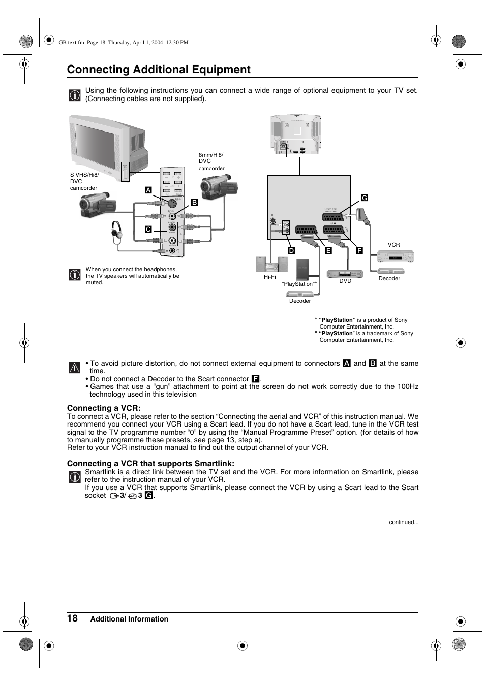 Connecting additional equipment, Connecting a vcr, Connecting a vcr that supports smartlink | Sony FD Trinitron KV-28CS70U User Manual | Page 18 / 24